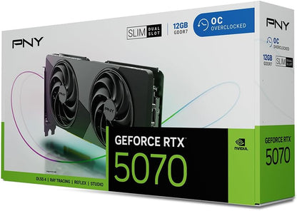 PNY NVIDIA GeForce RTX™ 5070 Slim Dual-Fan, Dual-Slot OC Graphics Card (12GB GDDR7, SFF-Ready, 192-bit, Boost Speed: 2587 MHz, PCIe® 5.0, HDMI®/DP 2.1, NVIDIA Blackwell Architecture, DLSS 4.5)