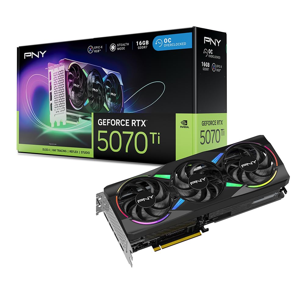 PNY NVIDIA GeForce RTX™ 5070 Ti Epic-X™ ARGB Triple Fan, Graphics Card (16GB GDDR7, 256-bit, Boost Speed: 2452 MHz, PCIe® 5.0, HDMI®/DP 2.1, 2.98-Slot, NVIDIA Blackwell Architecture, DLSS 4)
