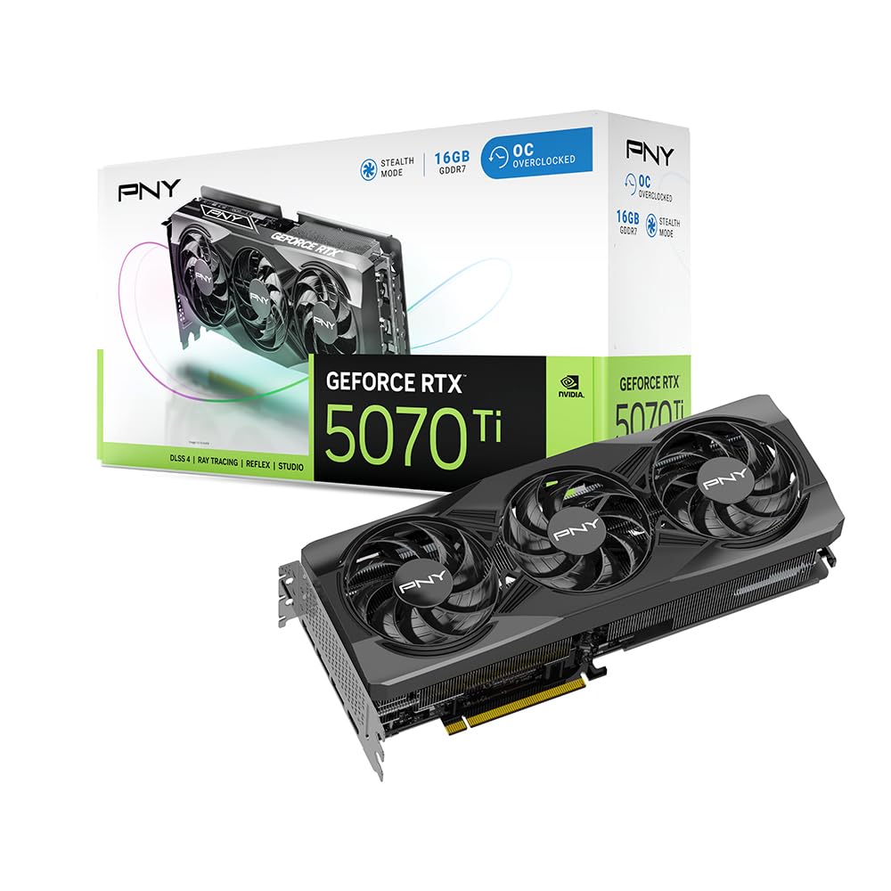 PNY NVIDIA GeForce RTX™ 5070 Ti Epic-X™ ARGB Triple Fan, Graphics Card (16GB GDDR7, 256-bit, Boost Speed: 2452 MHz, PCIe® 5.0, HDMI®/DP 2.1, 2.98-Slot, NVIDIA Blackwell Architecture, DLSS 4)