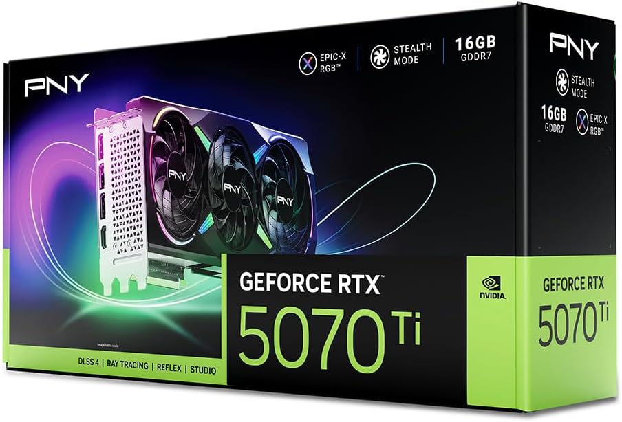 PNY NVIDIA GeForce RTX™ 5070 Ti Epic-X™ ARGB Triple Fan, Graphics Card (16GB GDDR7, 256-bit, Boost Speed: 2452 MHz, PCIe® 5.0, HDMI®/DP 2.1, 2.98-Slot, NVIDIA Blackwell Architecture, DLSS 4)