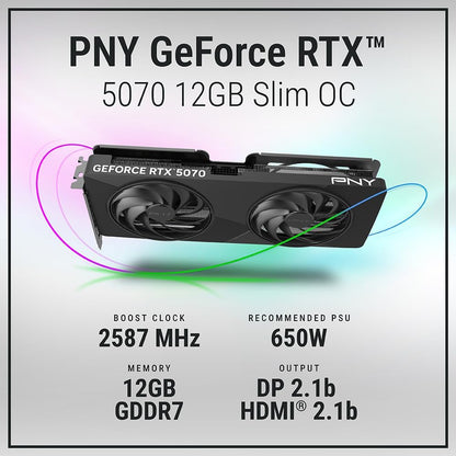 PNY NVIDIA GeForce RTX™ 5070 Slim Dual-Fan, Dual-Slot OC Graphics Card (12GB GDDR7, SFF-Ready, 192-bit, Boost Speed: 2587 MHz, PCIe® 5.0, HDMI®/DP 2.1, NVIDIA Blackwell Architecture, DLSS 4.5)