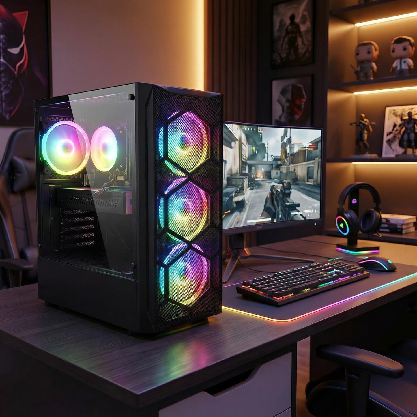 STGAubron Gaming PC Desktop Computer, Intel Core i7 up to 3.9GHz, Radeon RX 580 8G, 16G RAM, 512G SSD, WiFi 6, BT 5.0, RGB Fan x4, Windows 11 Home
