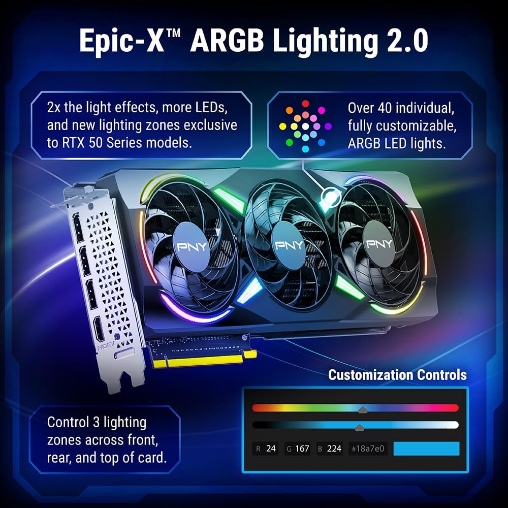PNY NVIDIA GeForce RTX™ 5070 Epic-X™ ARGB OC Triple Fan, Graphics Card (12GB GDDR7, 192-bit, Boost Speed: 2685 MHz, SFF-Ready, PCIe® 5.0, HDMI®/DP 2.1, 2.4-Slot, Blackwell Architecture, DLSS 4)