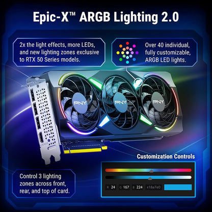 PNY NVIDIA GeForce RTX™ 5070 Epic-X™ ARGB OC Triple Fan, Graphics Card (12GB GDDR7, 192-bit, Boost Speed: 2685 MHz, SFF-Ready, PCIe® 5.0, HDMI®/DP 2.1, 2.4-Slot, Blackwell Architecture, DLSS 4)