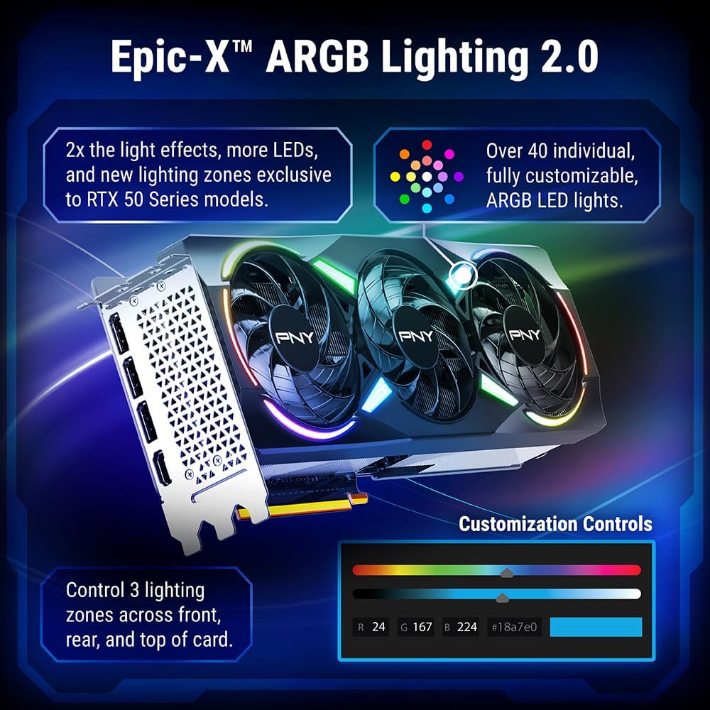 PNY NVIDIA GeForce RTX™ 5070 Ti Epic-X™ ARGB Triple Fan, Graphics Card (16GB GDDR7, 256-bit, Boost Speed: 2452 MHz, PCIe® 5.0, HDMI®/DP 2.1, 2.98-Slot, NVIDIA Blackwell Architecture, DLSS 4)