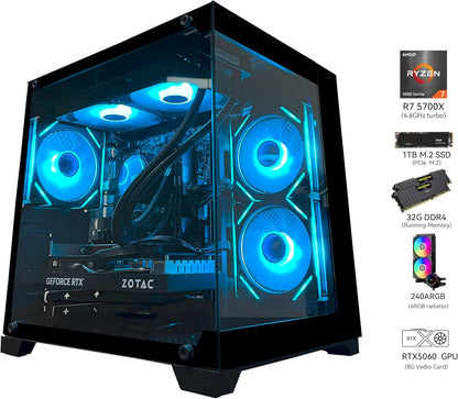 YAWYORE Gaming PC Desktop Computer, AMD Ryzen 7 5700X, GeForce RTX 5060, 32GB DDR4 RAM, 1TB M.2 NVMe SSD, 240 Liquid Cooler, ARGB Fans, WiFi+BT, for Game Design and Office