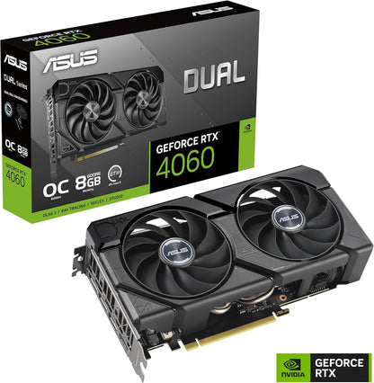 ASUS Dual GeForce RTX 4060 EVO OC Edition 8GB GDDR6 (PCIe 4.0, 8GB GDDR6, DLSS 3, HDMI 2.1a, DisplayPort 1.4a, Axial-Tech Fan Design, 0dB Technology, Dual BIOS, Auto-Extreme Technology)