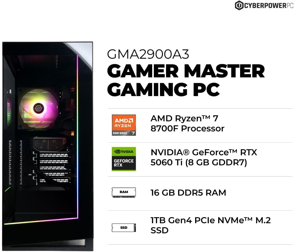 CyberPowerPC Gamer Master Gaming Desktop AMD Ryzen 7 RTX 5060 Ti 16GB DDR5 1TB SSD - Novaaride
