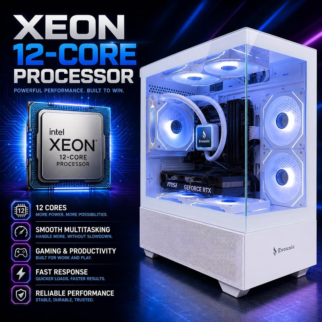 Evounic Prebuilt Gaming Desktop PC - RTX 4060, i7 Xeon 12 - Core, 64GB RAM, Windows 11 Pro - Novaaride
