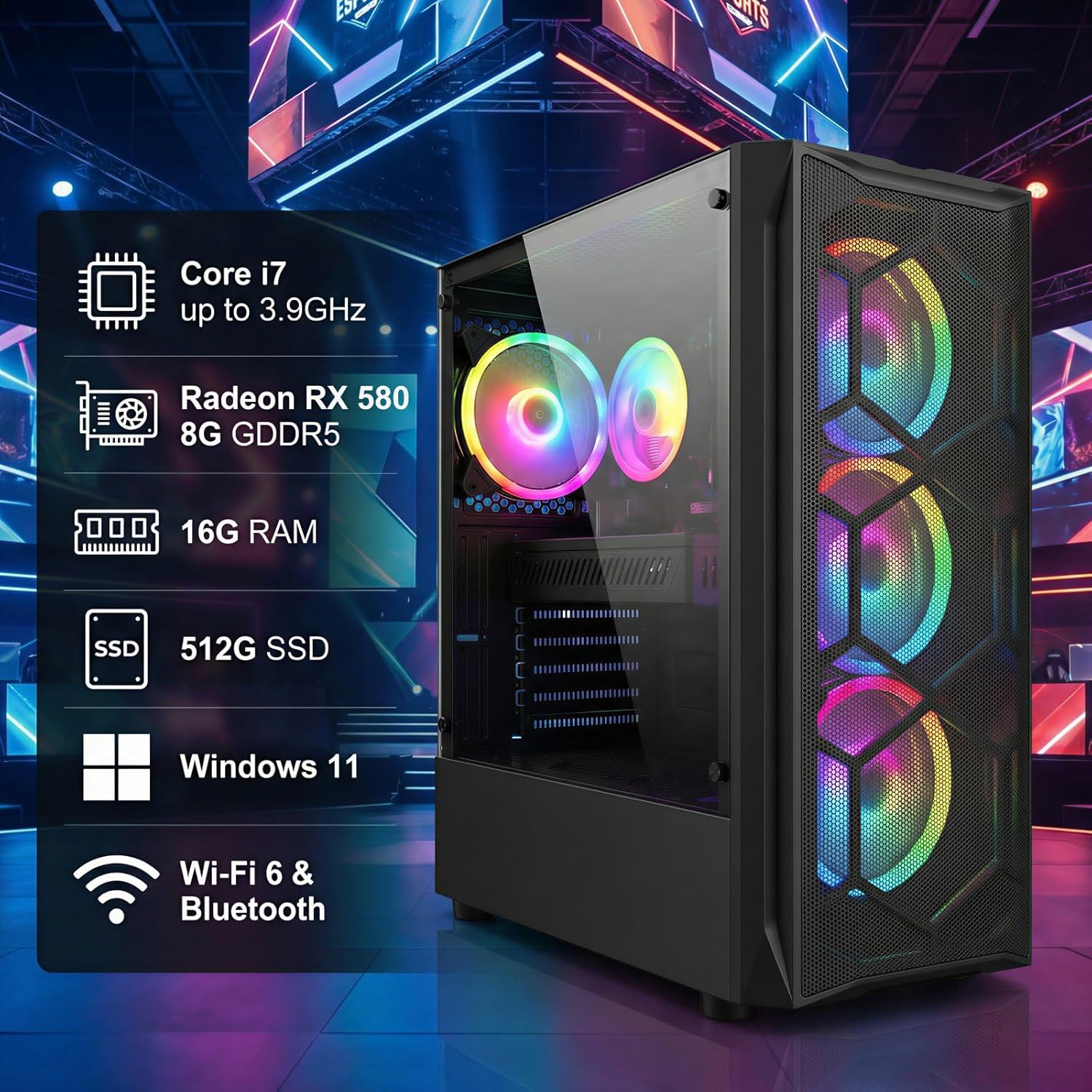 STGAubron Gaming Desktop Intel Core i7 AMD Radeon RX 580 8G 16GB RAM 512GB SSD - Novaaride