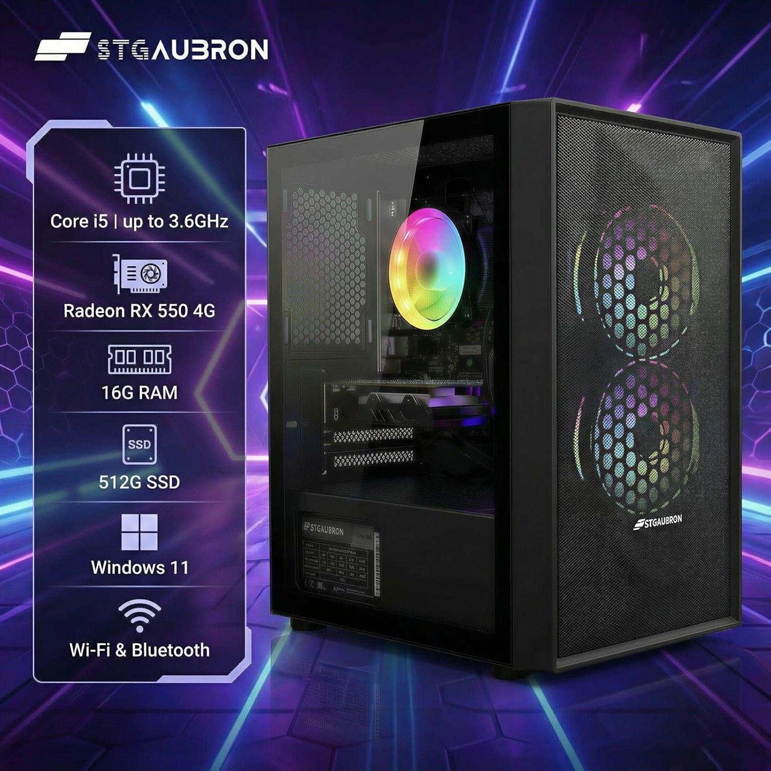 STGAubron Prebuilt Gaming Desktop AMD Ryzen 5 Multi - GPU 16GB RAM 512GB SSD - Novaaride